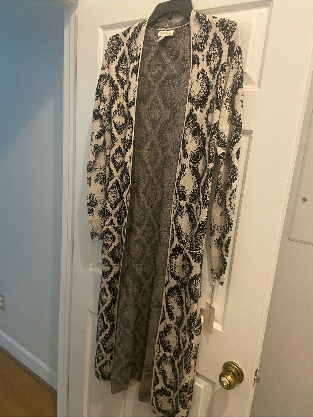 Ruby Moon Small Long Cardigan Boutique Boho Chic Western Black & Cream Print